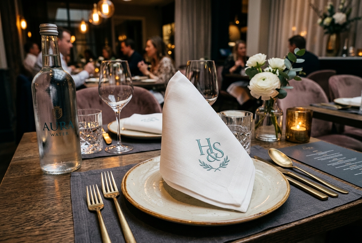 Folded printed napkin with foil monogram on a hotel table setting